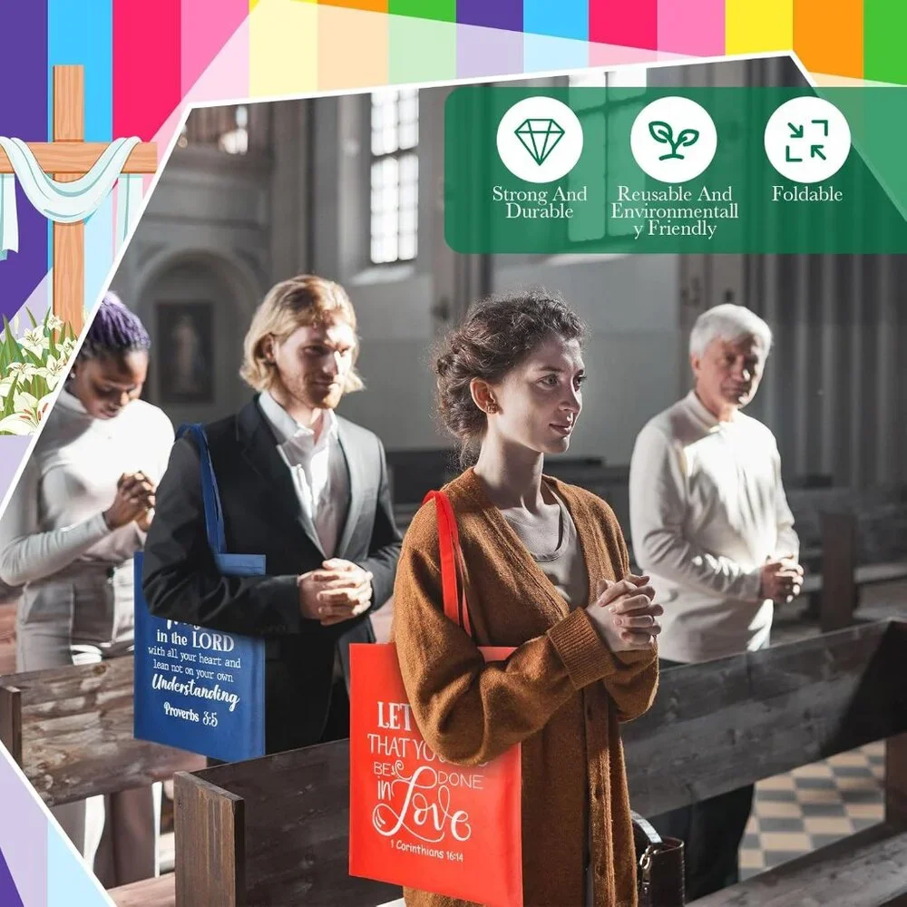 Religious Reusable Tote Bags Set 8 Bright Colors Bible Verses Gift - Picture 2 of 6